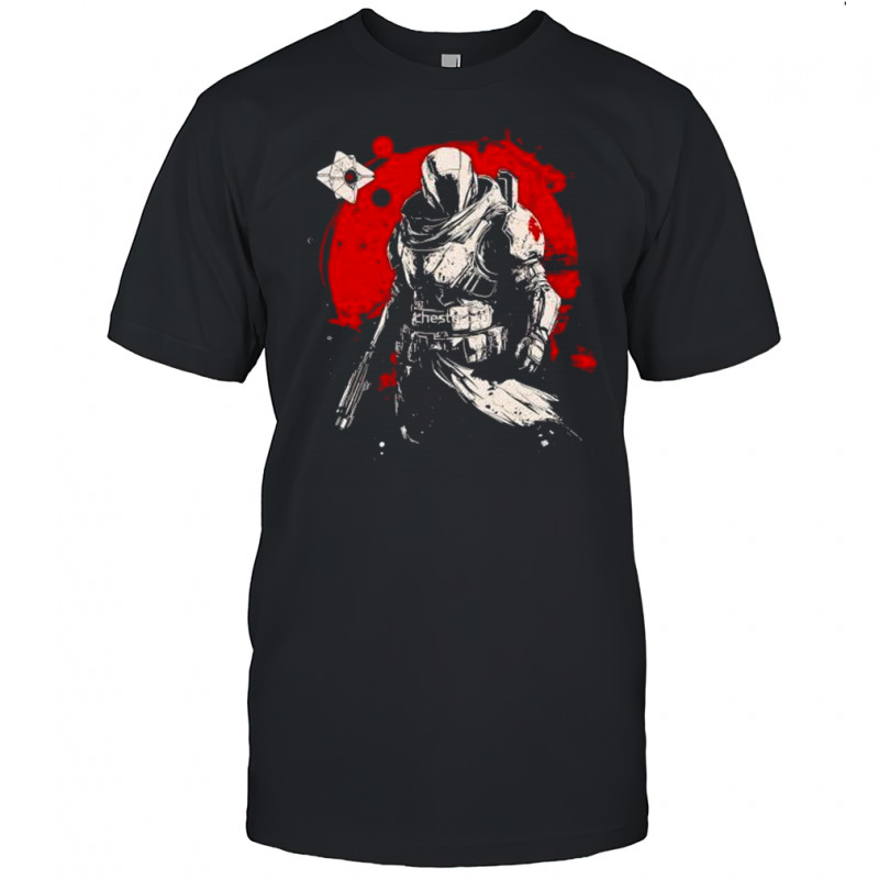 Dark armored soldier with ghost drone red circle grunge warrior shirt