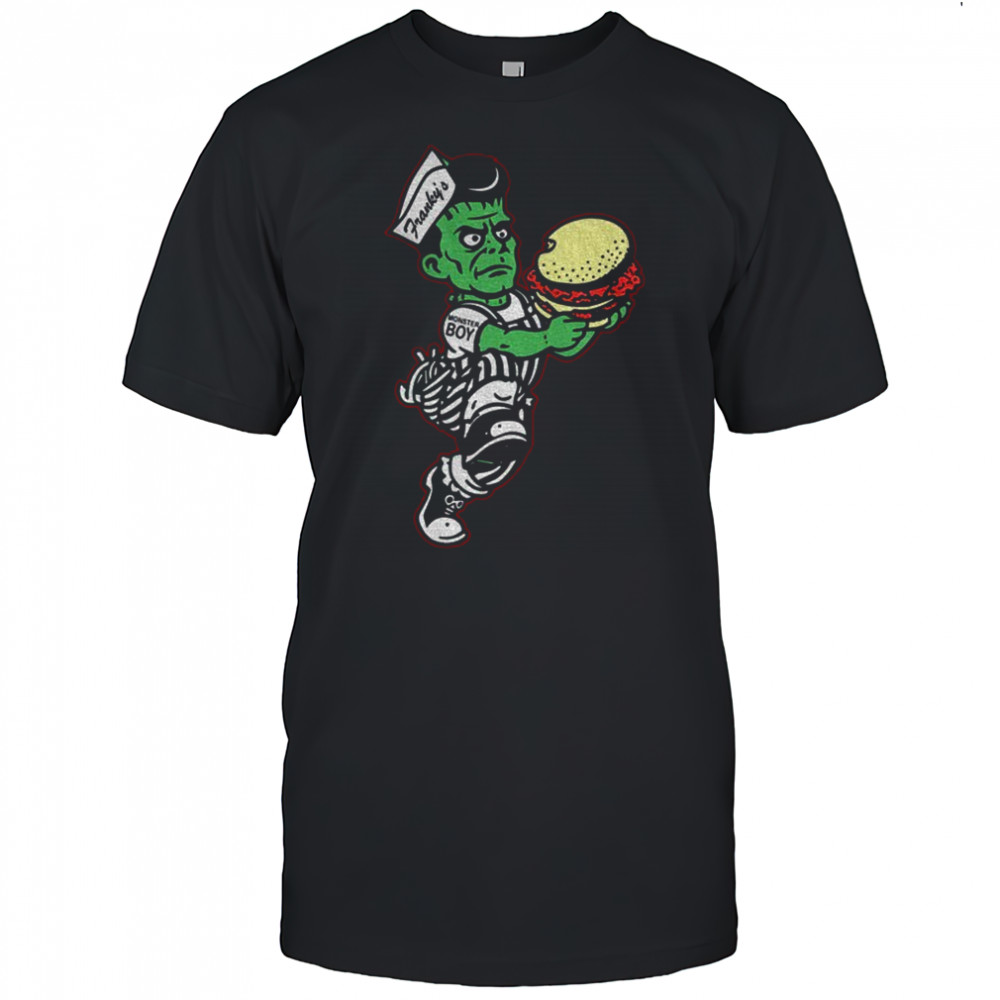 Frankenstein Monster Boy holding hamburger shirt