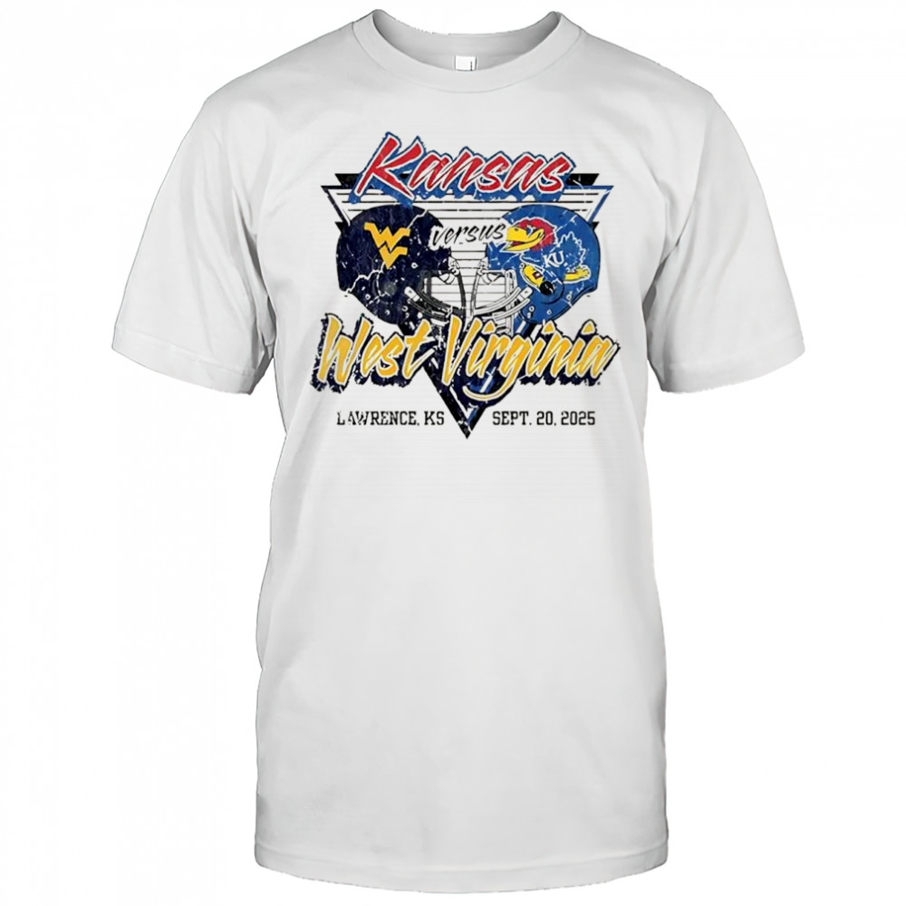 Kansas Jayhawks vs West Virginia Mountaineers football helmet 2025 shirt