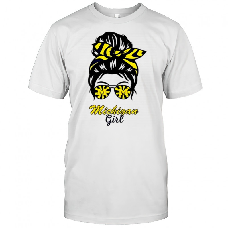 Michigan Wolverines girl messy bun glasses shirt