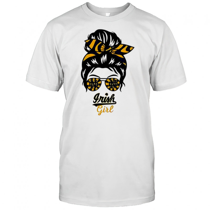 Notre Dame Fighting Irish girl messy bun glasses shirt