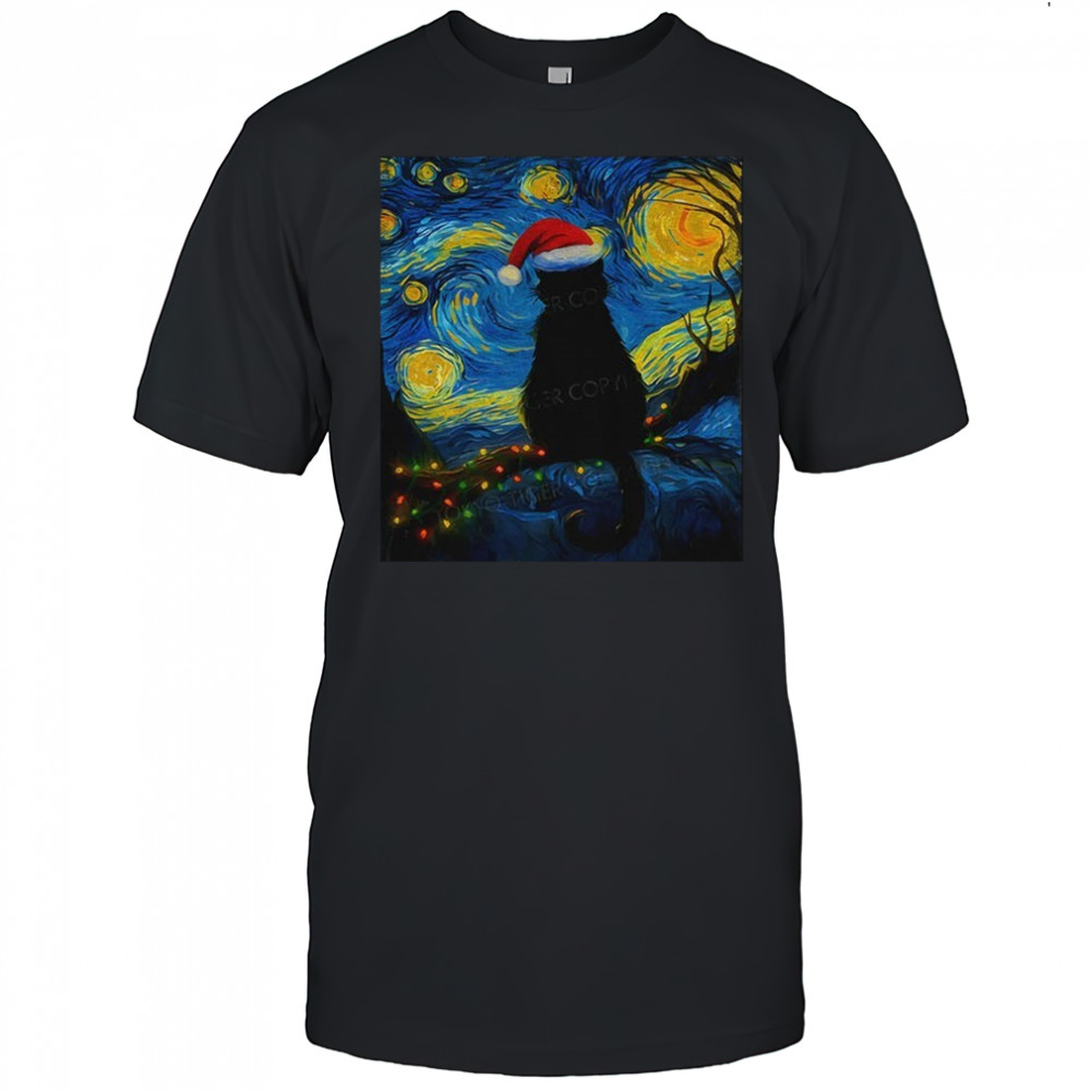 Official Black cat Santa hat Starry Night 2025 t-shirt