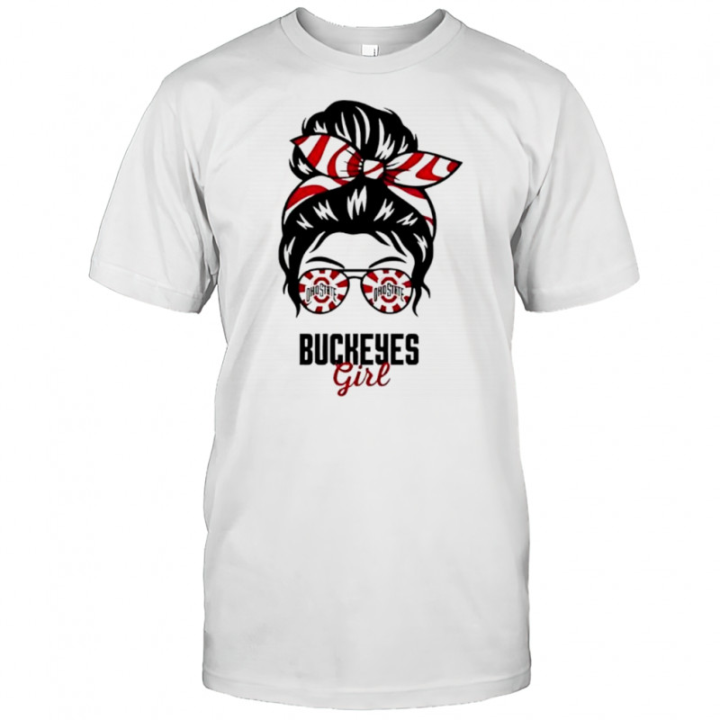Ohio State Buckeyes girl messy bun glasses shirt