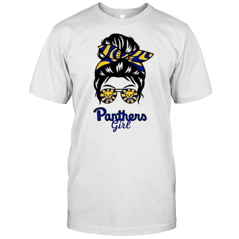 Pitt Panthers girl messy bun glasses shirt