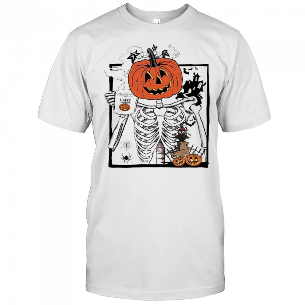 Pumpkin Skeleton Drinking Coffee happy Halloween shirt