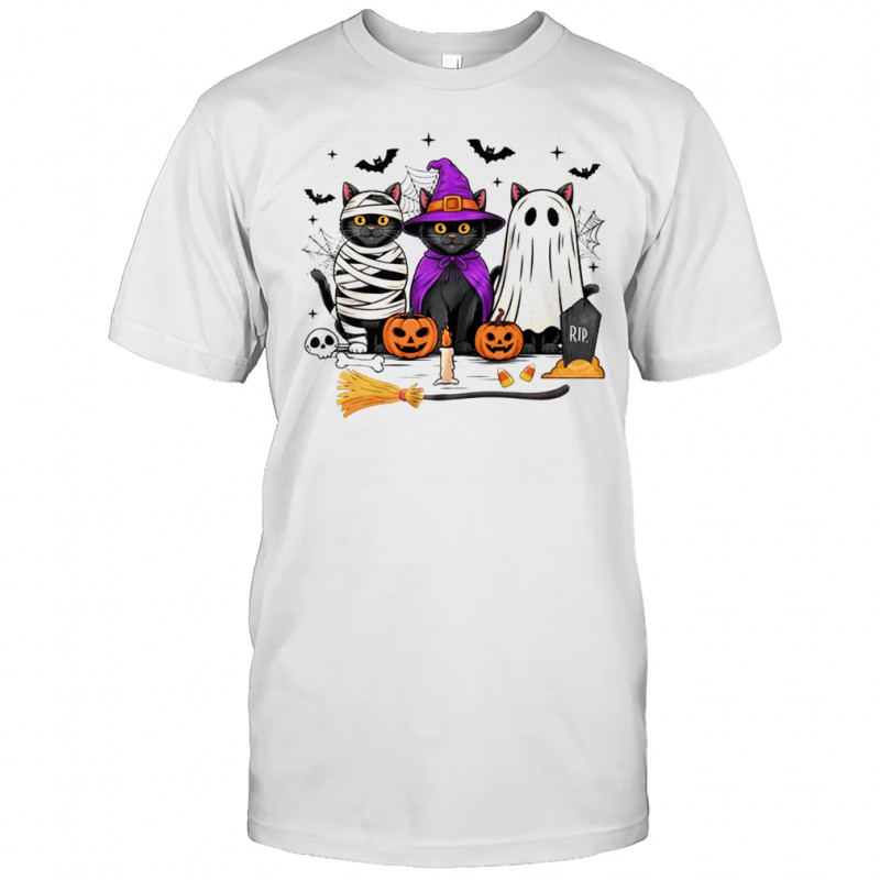 Retro Black Cat Witch Scary Halloween Pumpkin Women Men Kids shirt