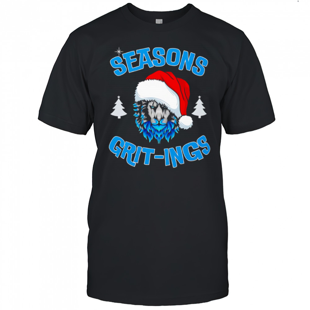 Seasons Grit-ings blue fur lion wearing Santa hat Christmas trees shirt