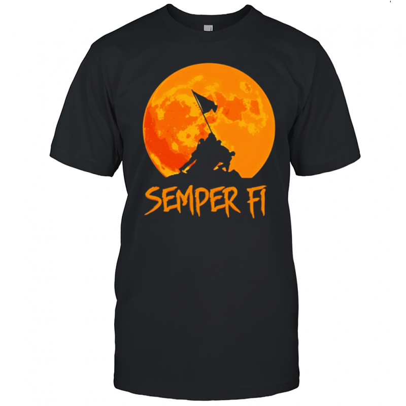 Semper Fi Flag on a Hill and Full Moon Graphic shirt