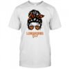 Texas Longhorns girl messy bun glasses shirt