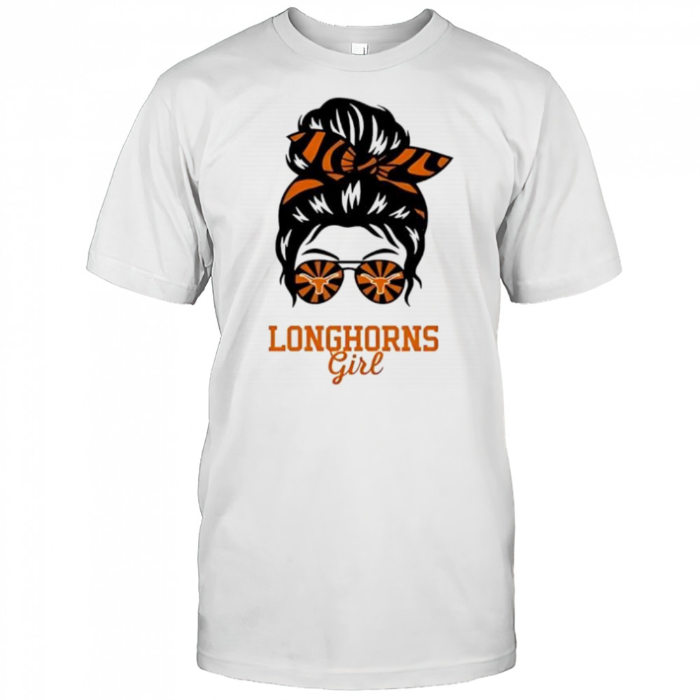 Texas Longhorns girl messy bun glasses shirt