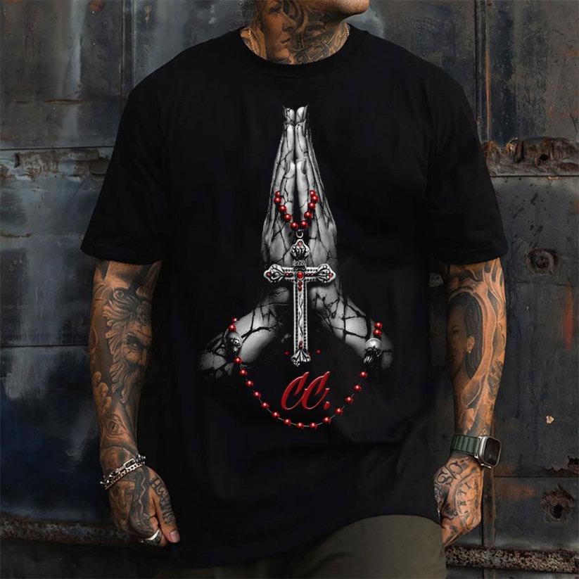 Crucifix Praying Gesture Print Men's T-shirt