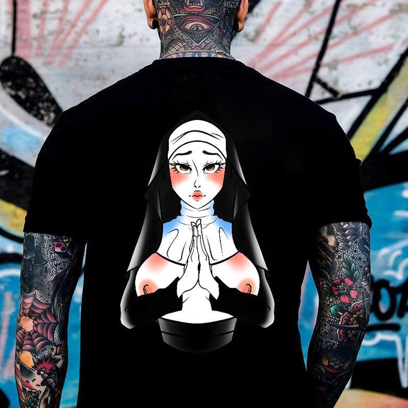 Enchanting and Sexy Nun Praying Black Print T-shirt