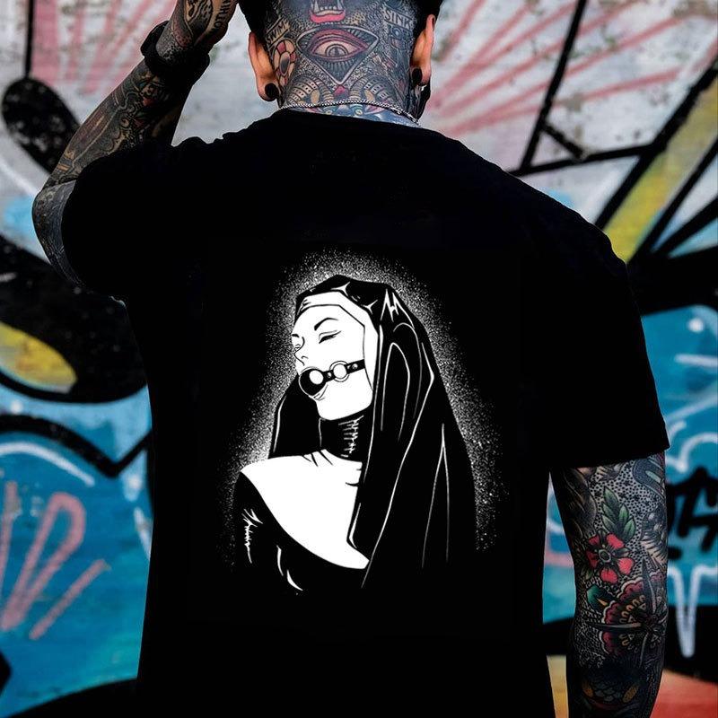 Gloomy Nun with Sex Item Black Print T-shirt