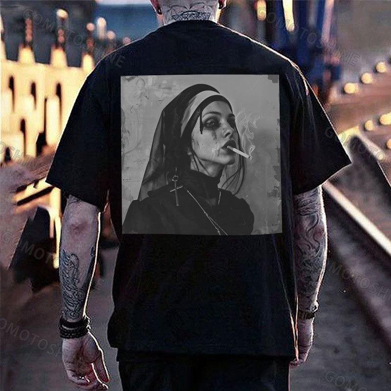 Gloomy Smoking Nun Print Men's T-shirt