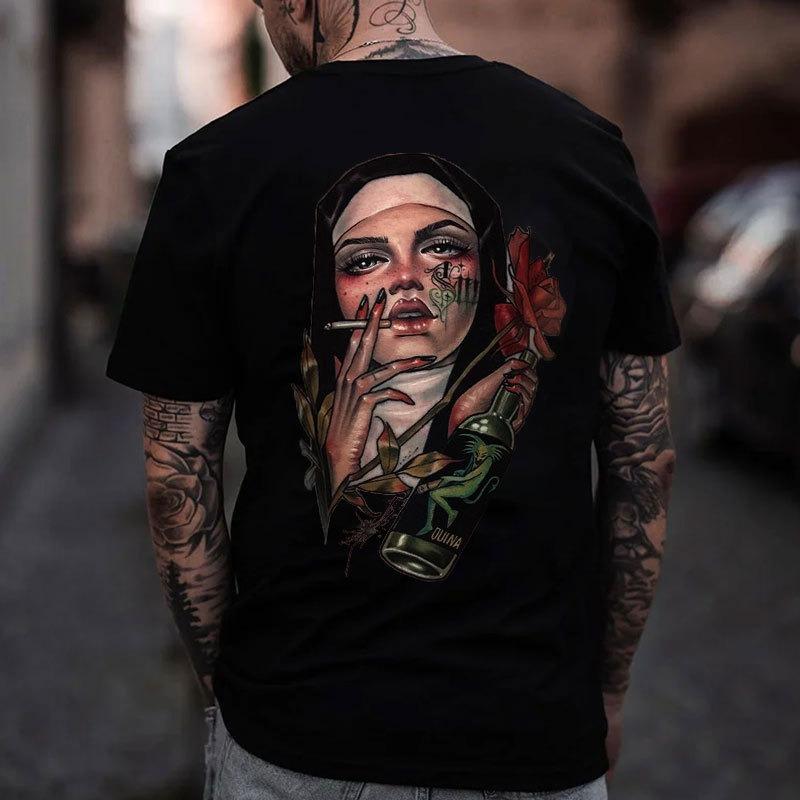 Nun Smoking Roses Bad Religion Black Print T-shirt
