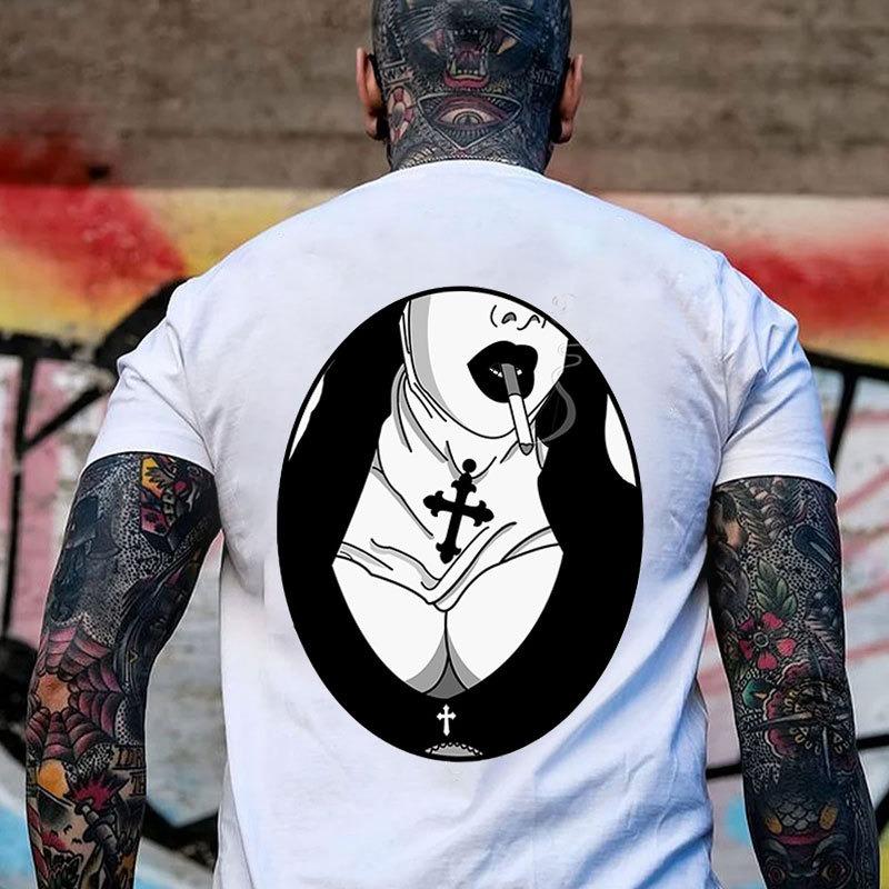Smoking Nun with Sexy Boobs Graphic White Print T-shirt