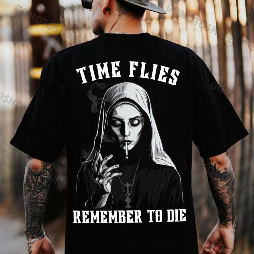 TIME FLIES REMEMBER TO DIE Smoking Nun Print Men's T-shirt