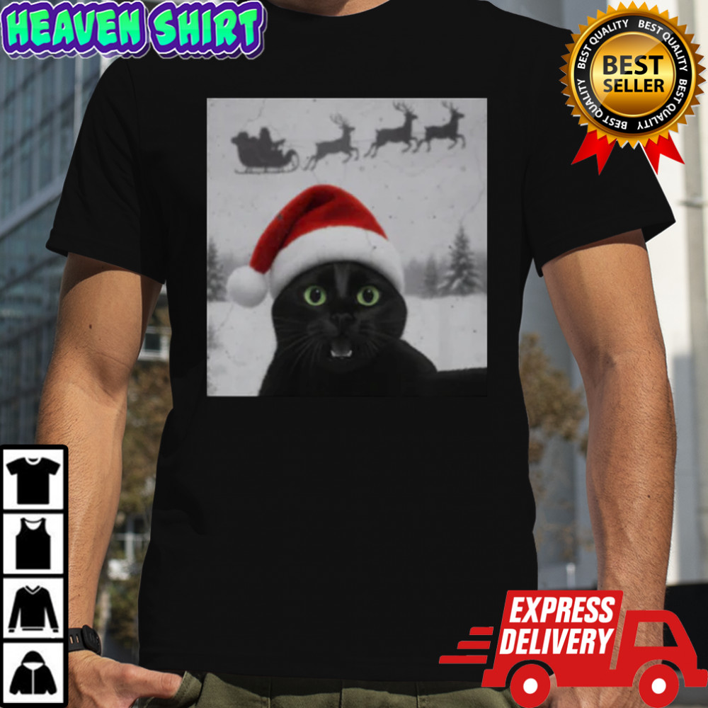 Black Cat Selfie with Santa Sleigh Christmas T-Shirt