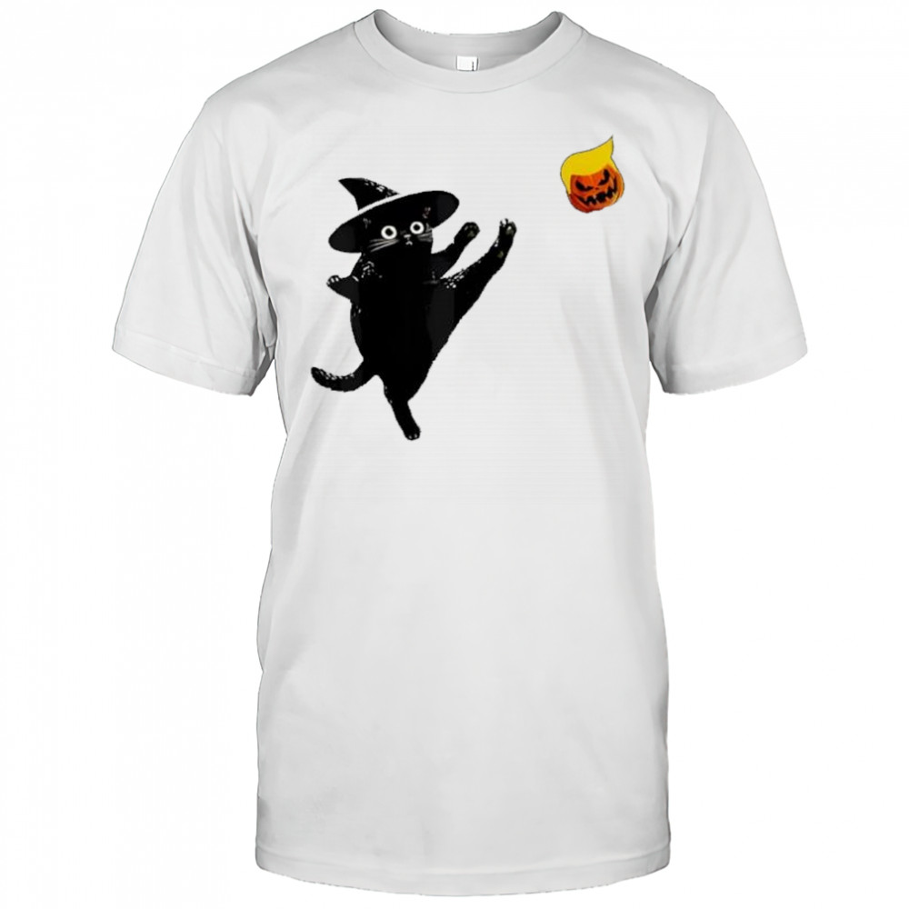 Black Cat Witch Kicking Pumpkin Funny Halloween funny shirt