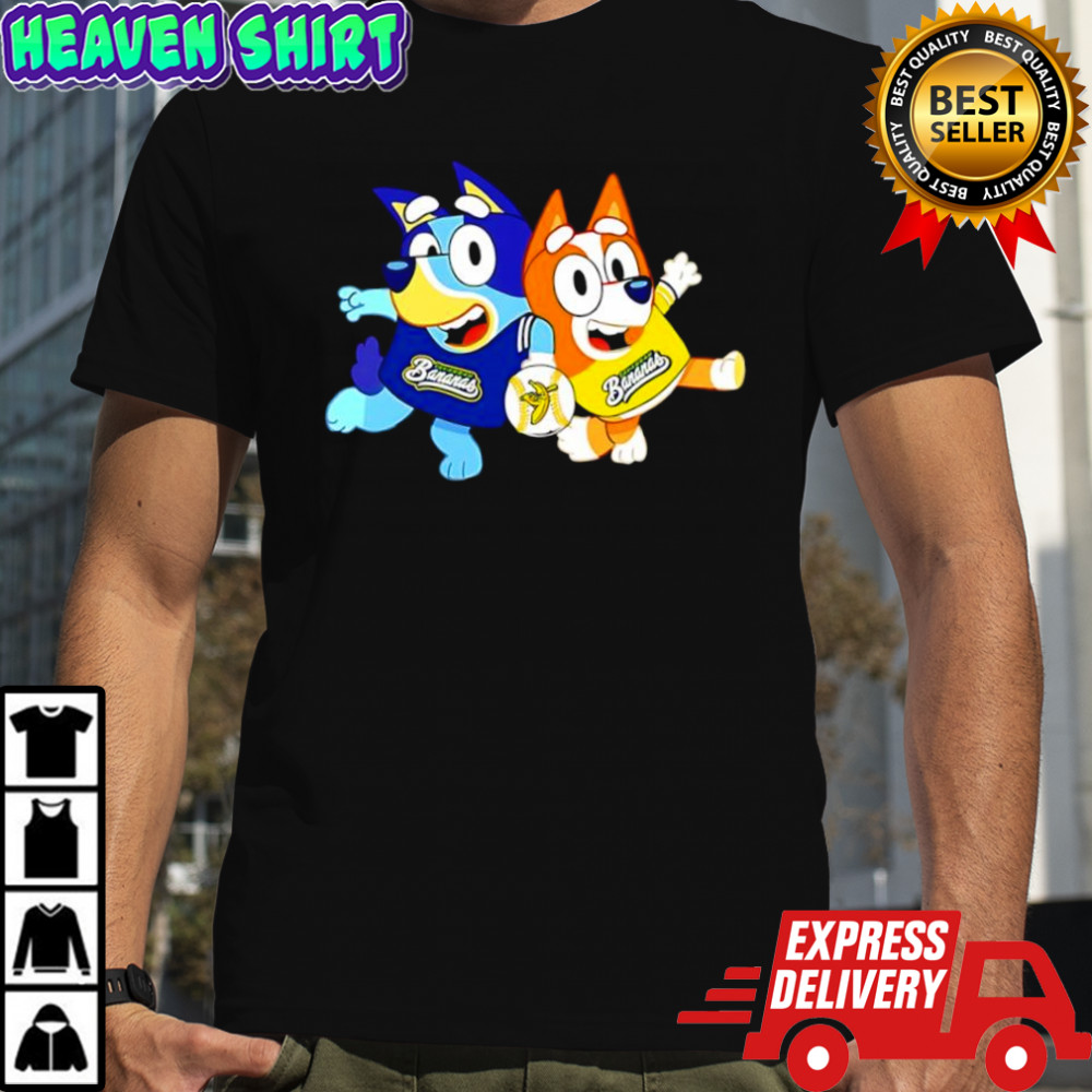 Bluey and Bingo wearing Savannah Bananas logo shirt