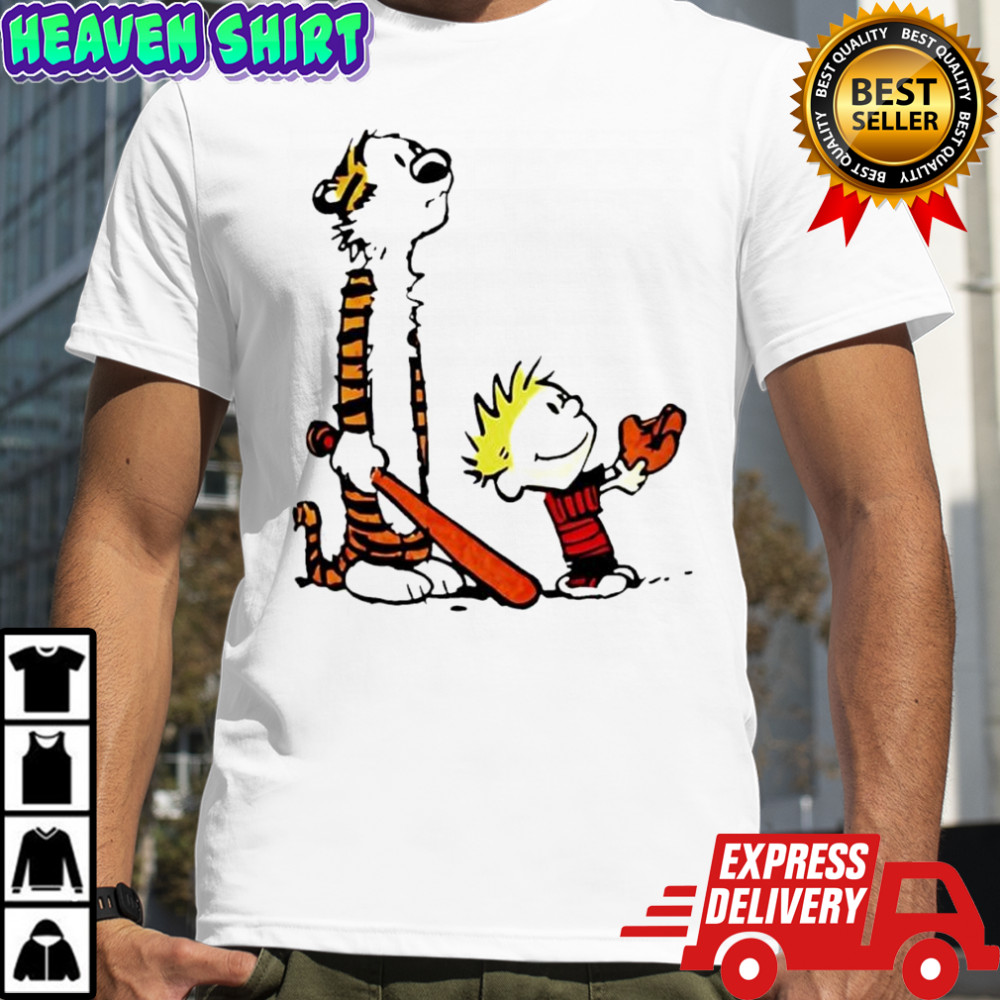 Calvin and Hobbes holding a baseball glove shirt