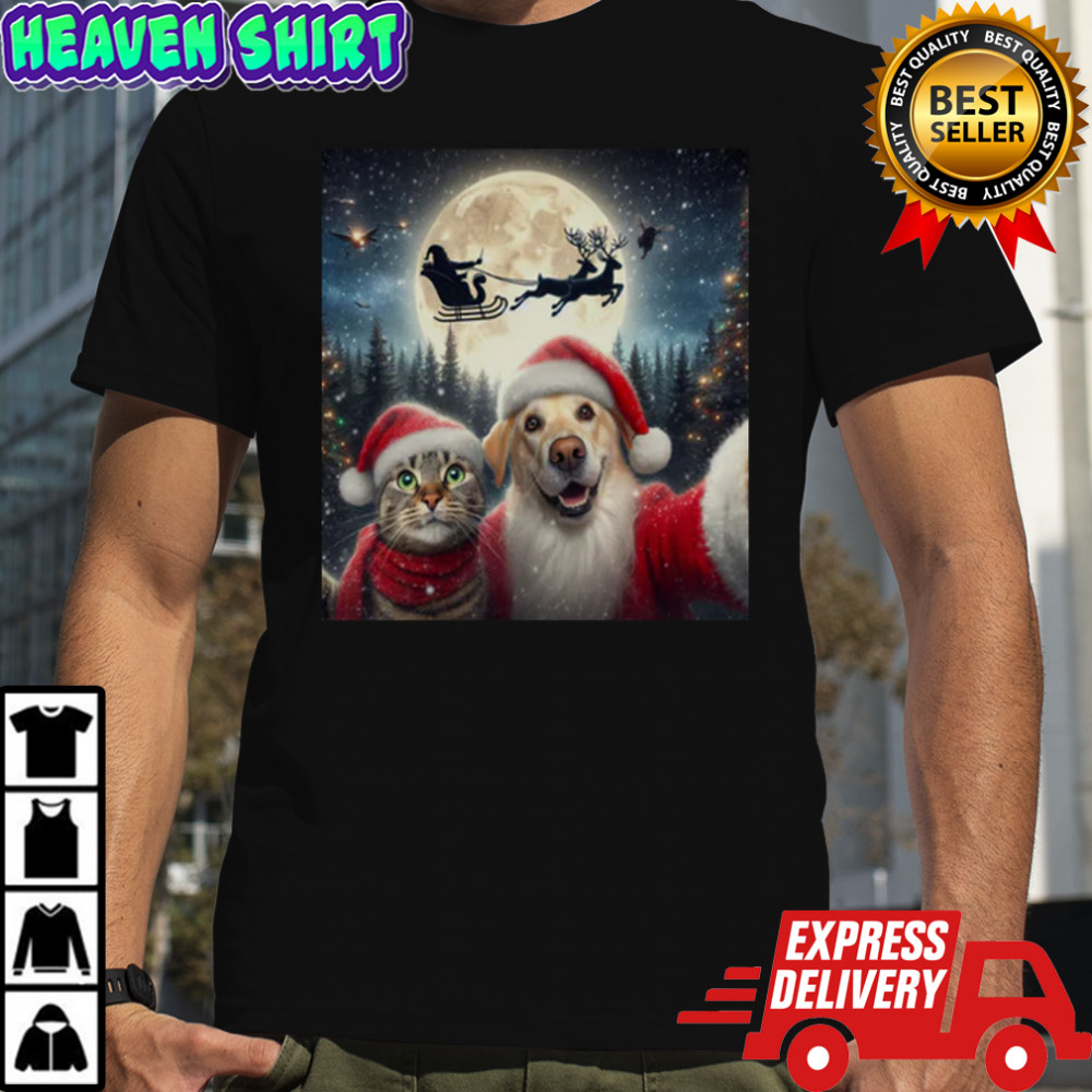 Cat and Dog Selfie with Santa Claus Christmas T-Shirt