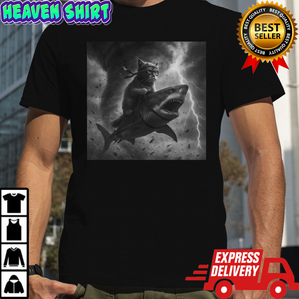 Cat Riding a Shark in Tornado Selfie Cat T-Shirt