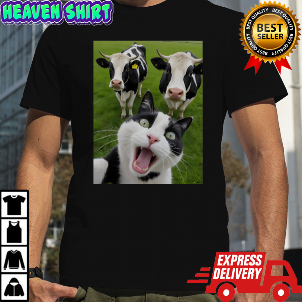 Cat Selfie With Black And White Cow T-Shirt