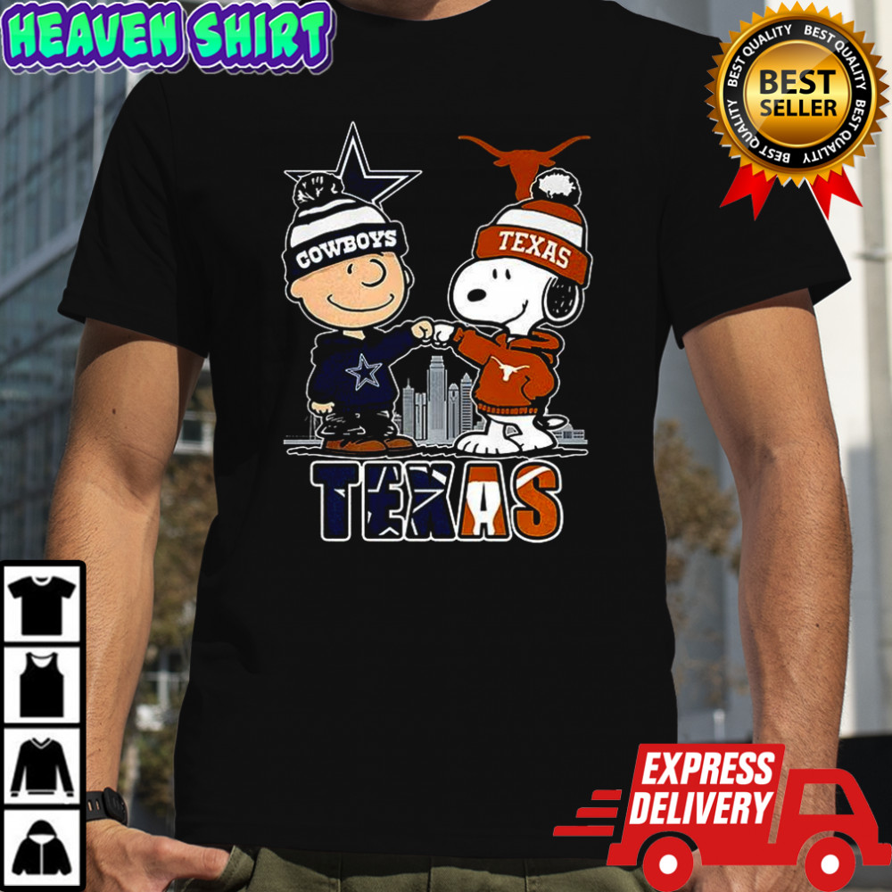 Charlie Brown Dallas Cowboys touch hand Snoopy Texas Longhorns skyline shirt