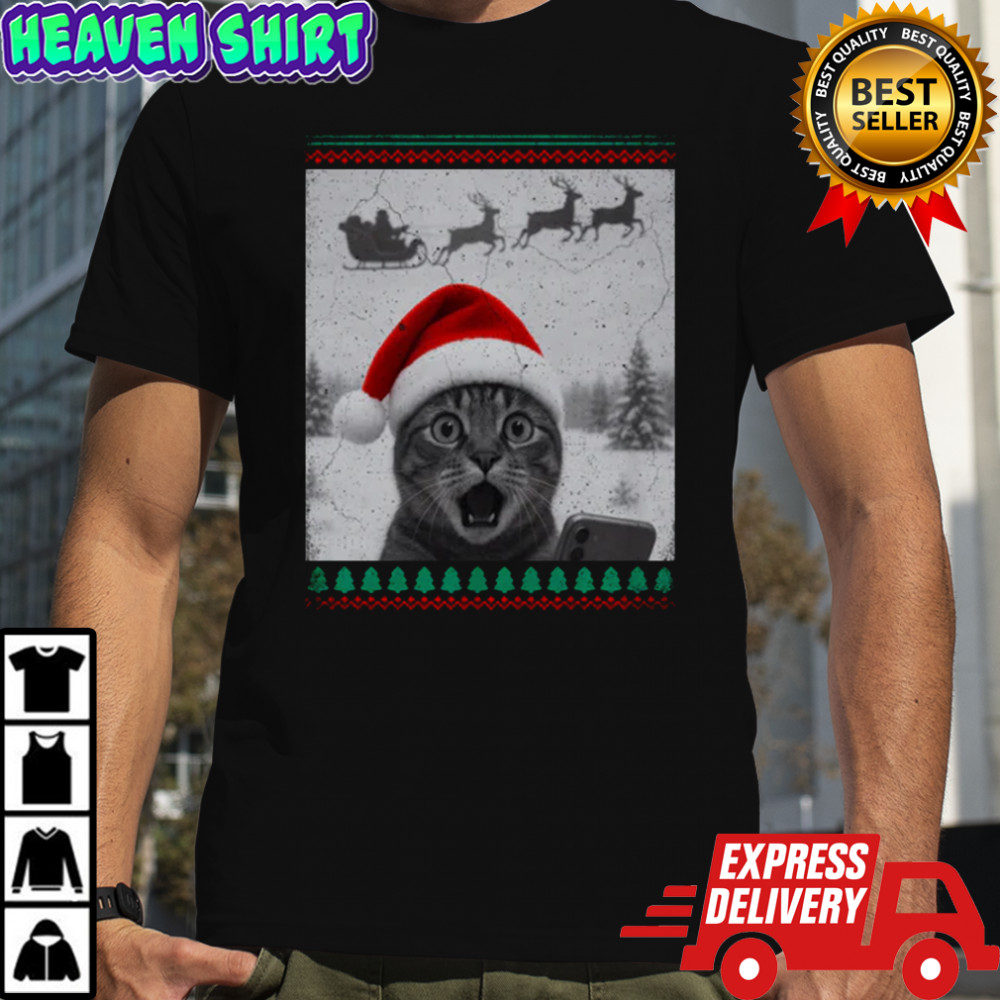 Christmas Cat Selfie with Santa Sleigh T-Shirt