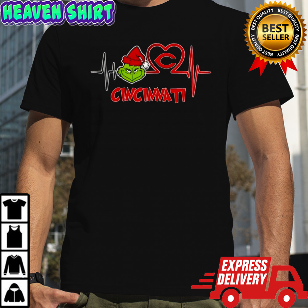 Cincinnati Reds x Grinch Santa Heartbeat Love Logo Merry Christmas Shirt