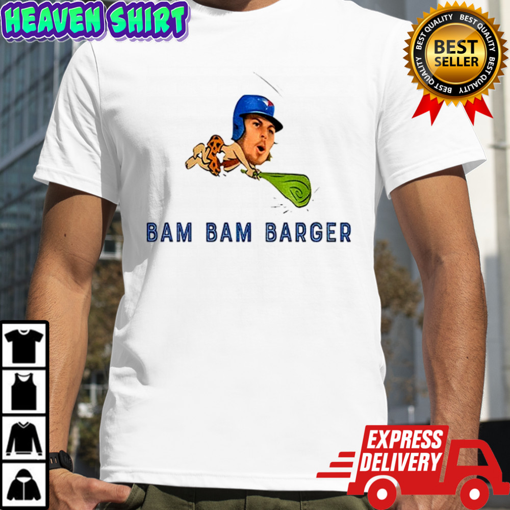 Davis Schneider wearing a Bam Bam Barger MLB shirt