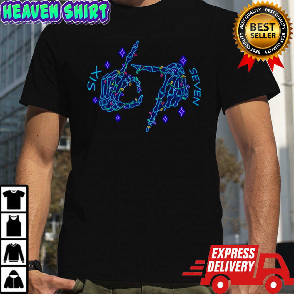 Funny Six Seven Meme Christmas Neon Skeleton hand shirt