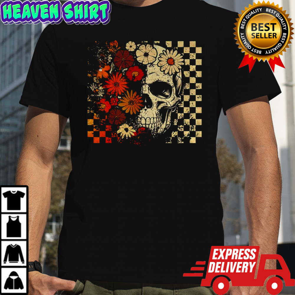 Funny skull checkered skeleton floral spooky season Halloween shirt