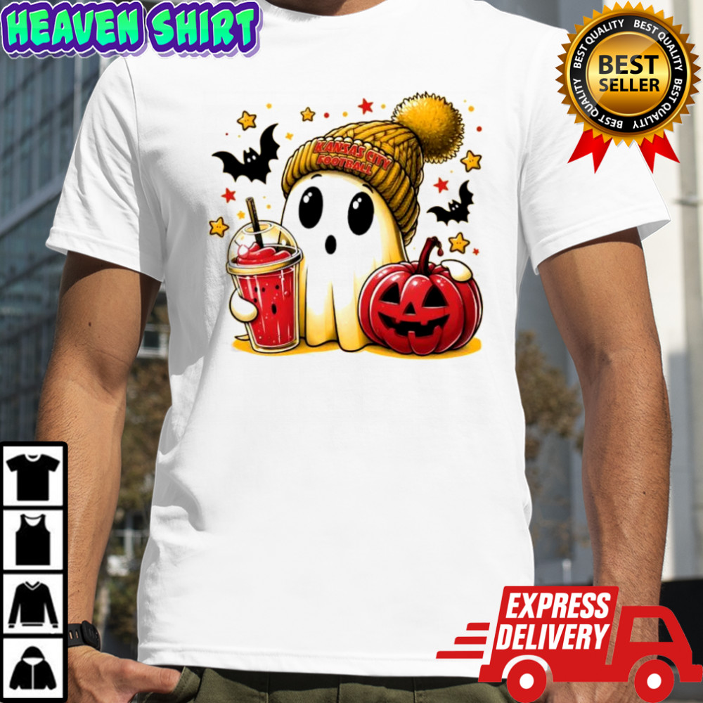 Ghost Halloween x Kansas City Chiefs football beanie pumpkin bats shirt