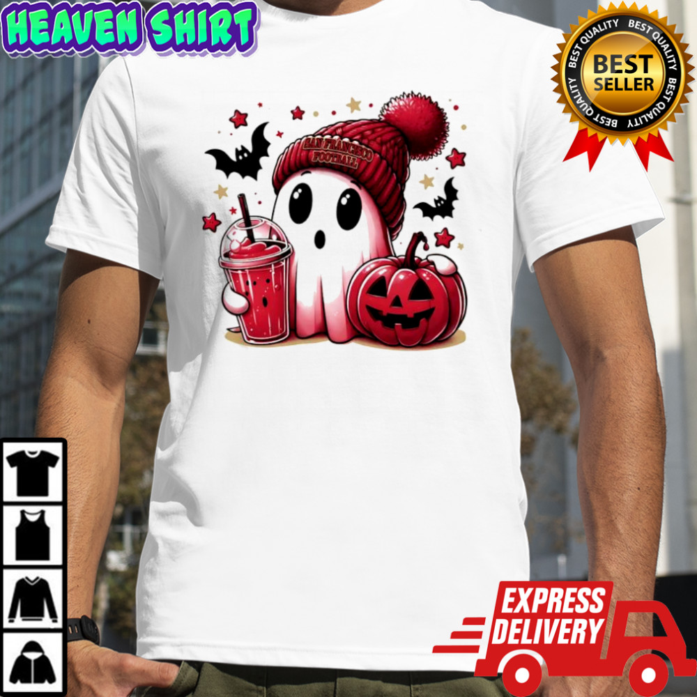 Ghost Halloween x San Francisco 49ers football beanie pumpkin bats shirt