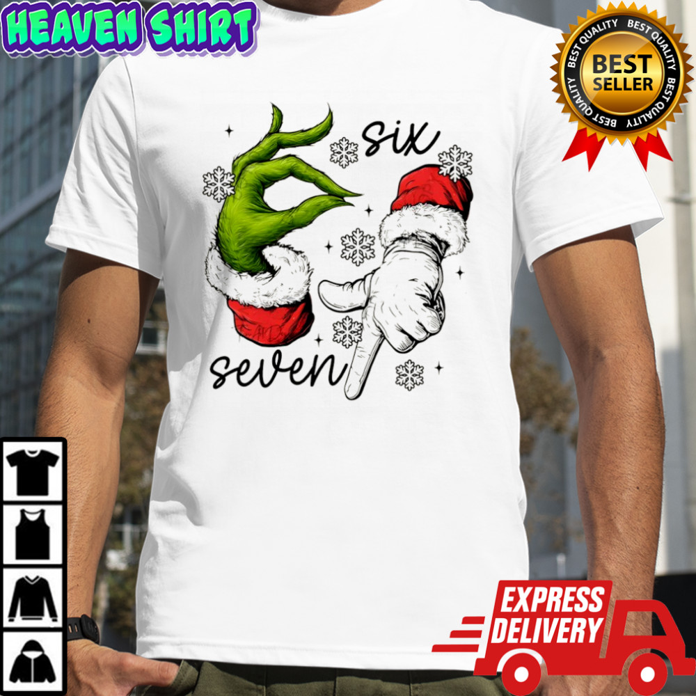 Grinch and Santa Claus hand trending six seven meme Merry Christmas shirt
