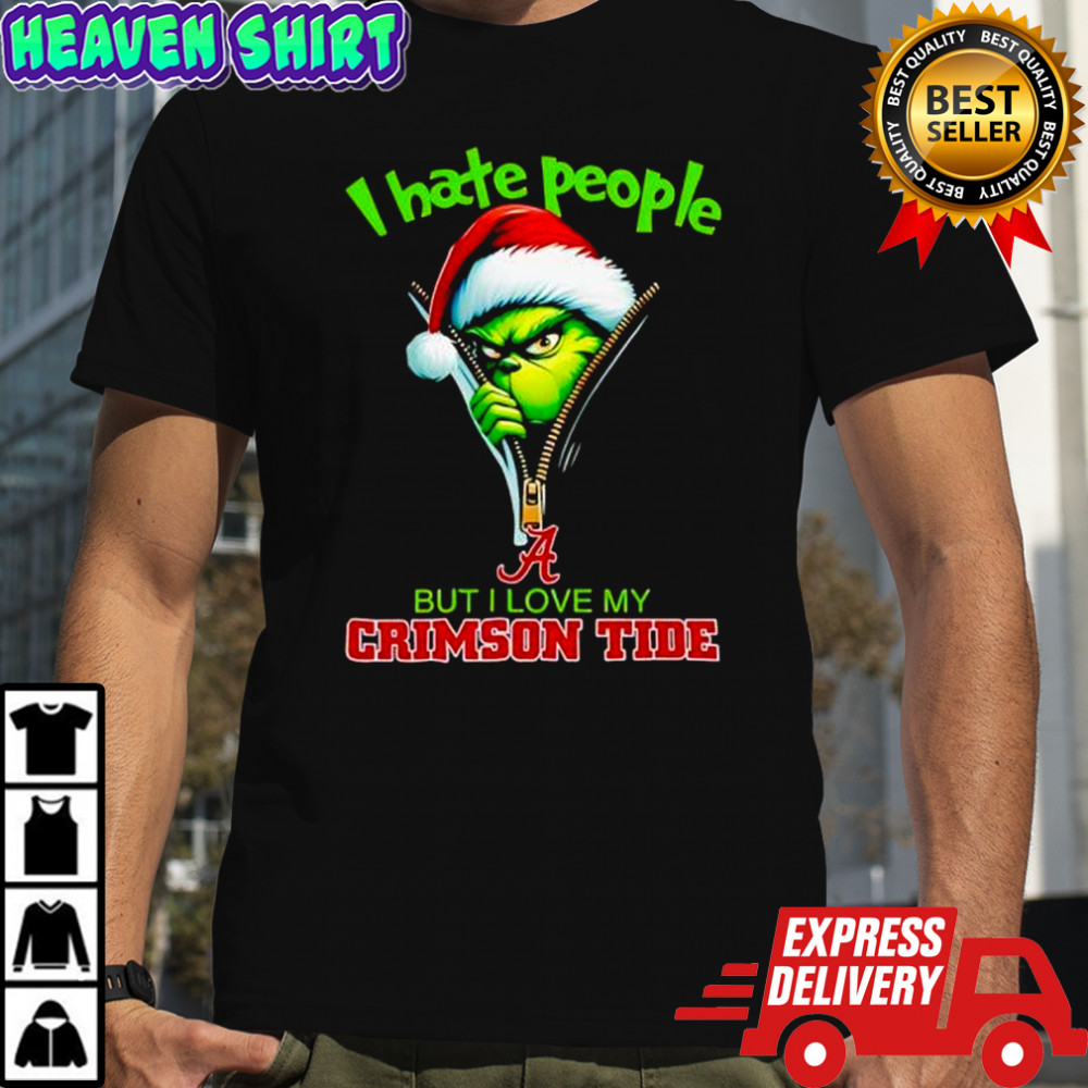 Grinch santa hat I hate people but I love my Alabama crimson tide Christmas logo clothing shirt
