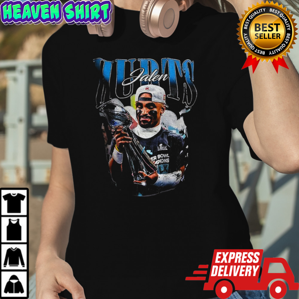 Jalen Hurts holding Trophy Super Bowl Champions 2025 shirt