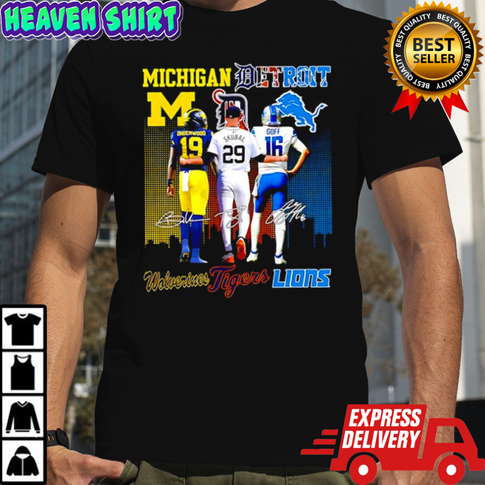 Jared Goff Detroit Lions x Tarik Skubal Detroit Tigers x Roman Wilson Michigan Wolverines signatures shirt