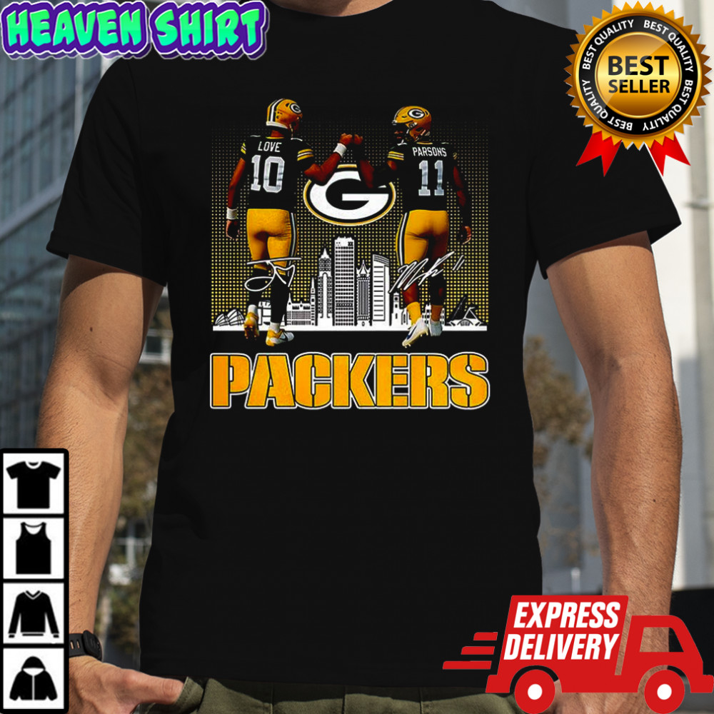 Jordan Love touch hands Micah Parsons Green Bay Packers football skyline signature shirt
