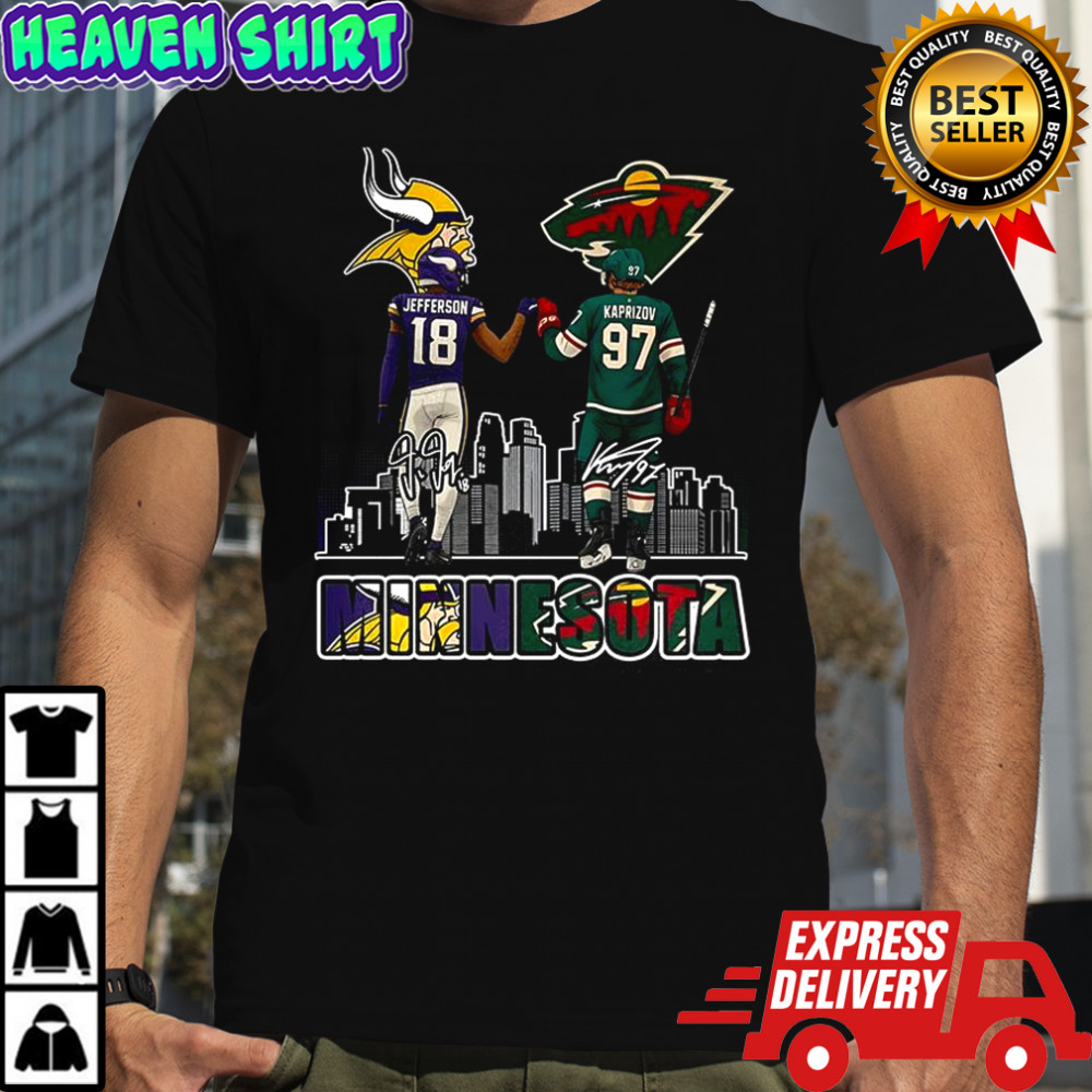 Justin Jefferson Minnesota Vikings touch hand Kirill Kaprizov Minnesota Wild shirt
