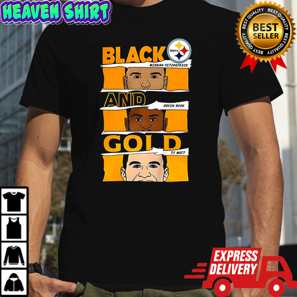 Minkah Fitzpatrick Devin Bush and TJ Watt Pittsburgh Steelers football Black and Gold shirt