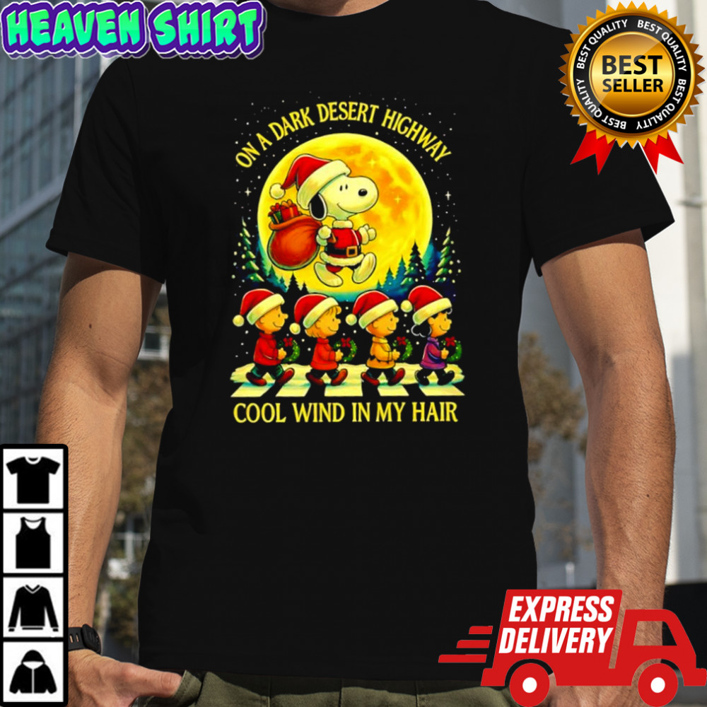 Peanuts comic on a dark desert highway cool wind in my hair Abbey Road Chrismas shirt
