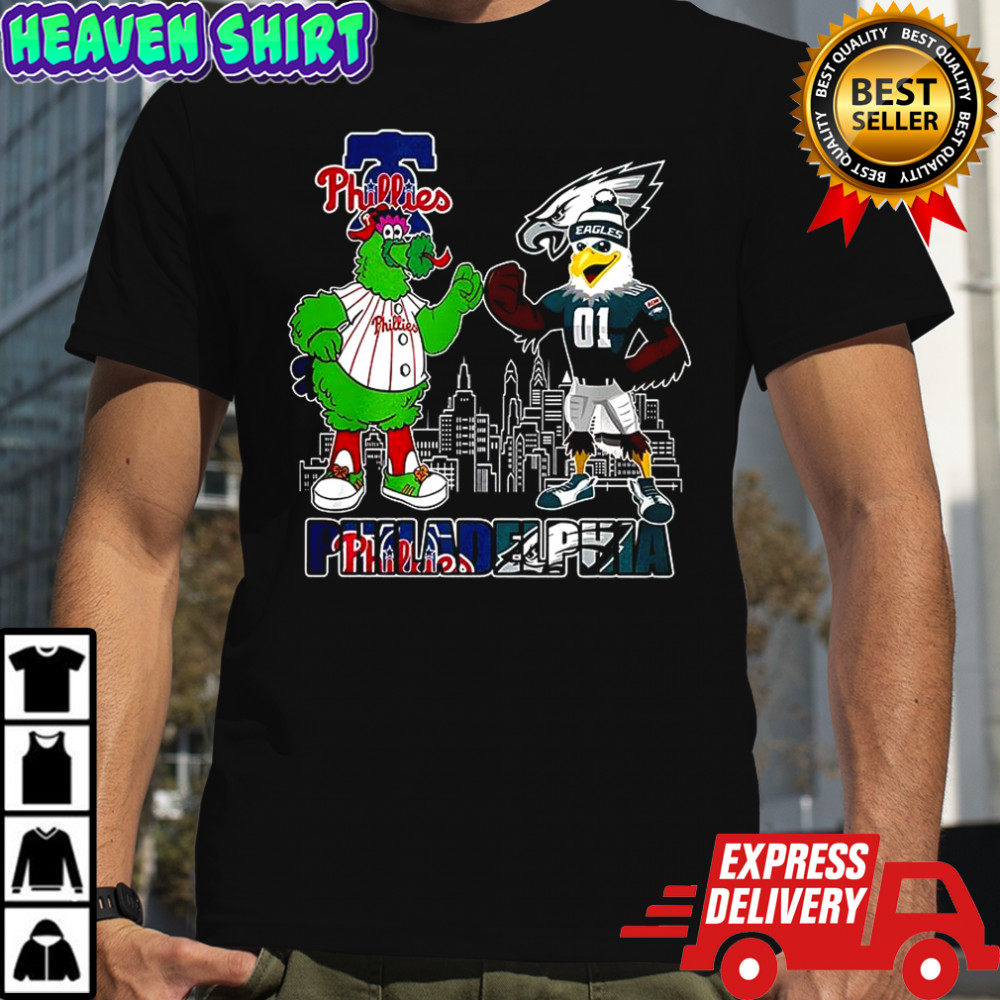 Phillie Phanatic Philadelphia Phillies touch hands Swoop Philadelphia Eagles mascot shirt