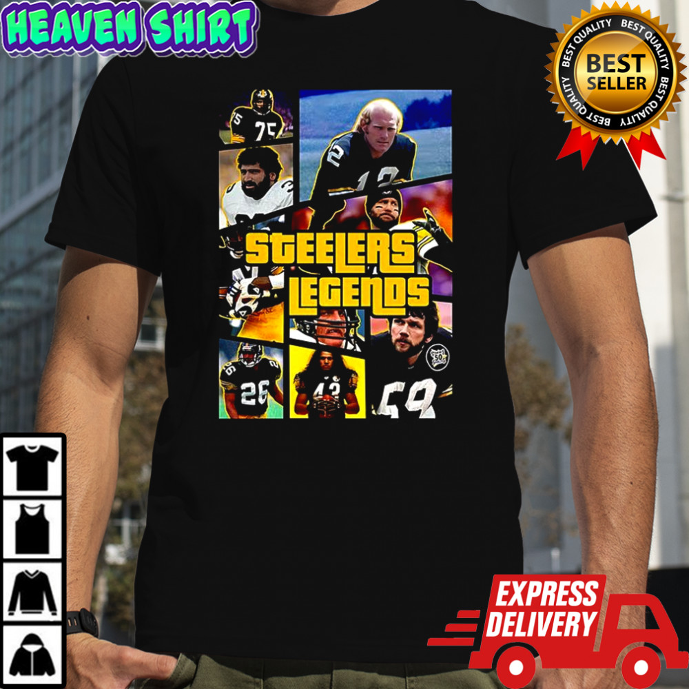 Pittsburgh Steelers football Pictures of legendary players collaged in GTA style shirt