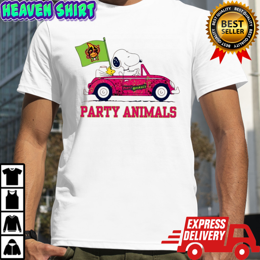 Snoopy and Woodstock driving car Party Animals Savannah Bananas logo shirt