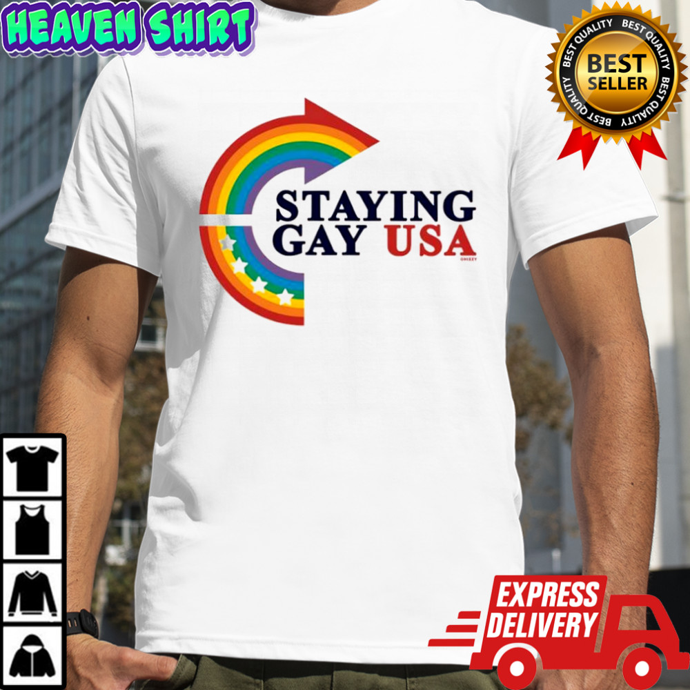 Staying Gay USA rainbow arrow logo shirt