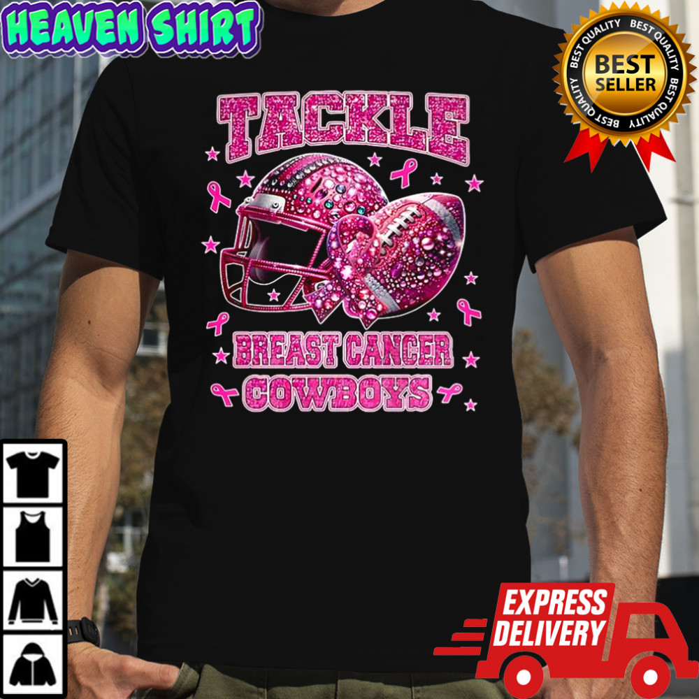 Tackle breast cancer Dallas Cowboys pink ribbon helmet ball diamond shirt
