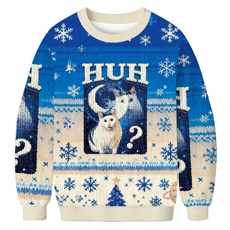 Huh Cat Funny Dank Meme Moon Christmas Ugly Sweatshirt